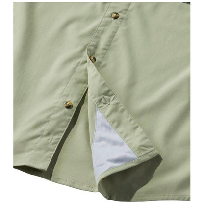 Side view of the L.L.Bean Men's Tropicwear Shirt Short Sleeve in Dusty Sage showing the button placket and inner lining.