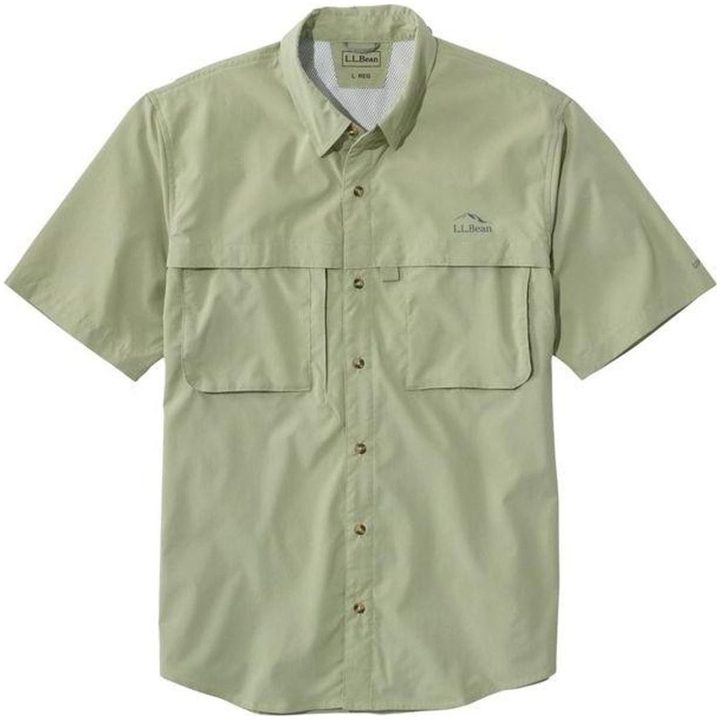 A front view of the L.L.Bean Men's Tropicwear Shirt Short Sleeve in Dusty Sage showing two chest pockets and a button-down collar.