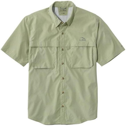 A front view of the L.L.Bean Men's Tropicwear Shirt Short Sleeve in Dusty Sage showing two chest pockets and a button-down collar.