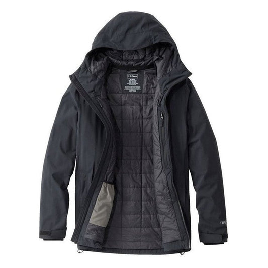 A front view of the L.L.Bean Men's Waterproof Primaloft Packaway Jacket in Black showing the hood and quilted interior against a white background.