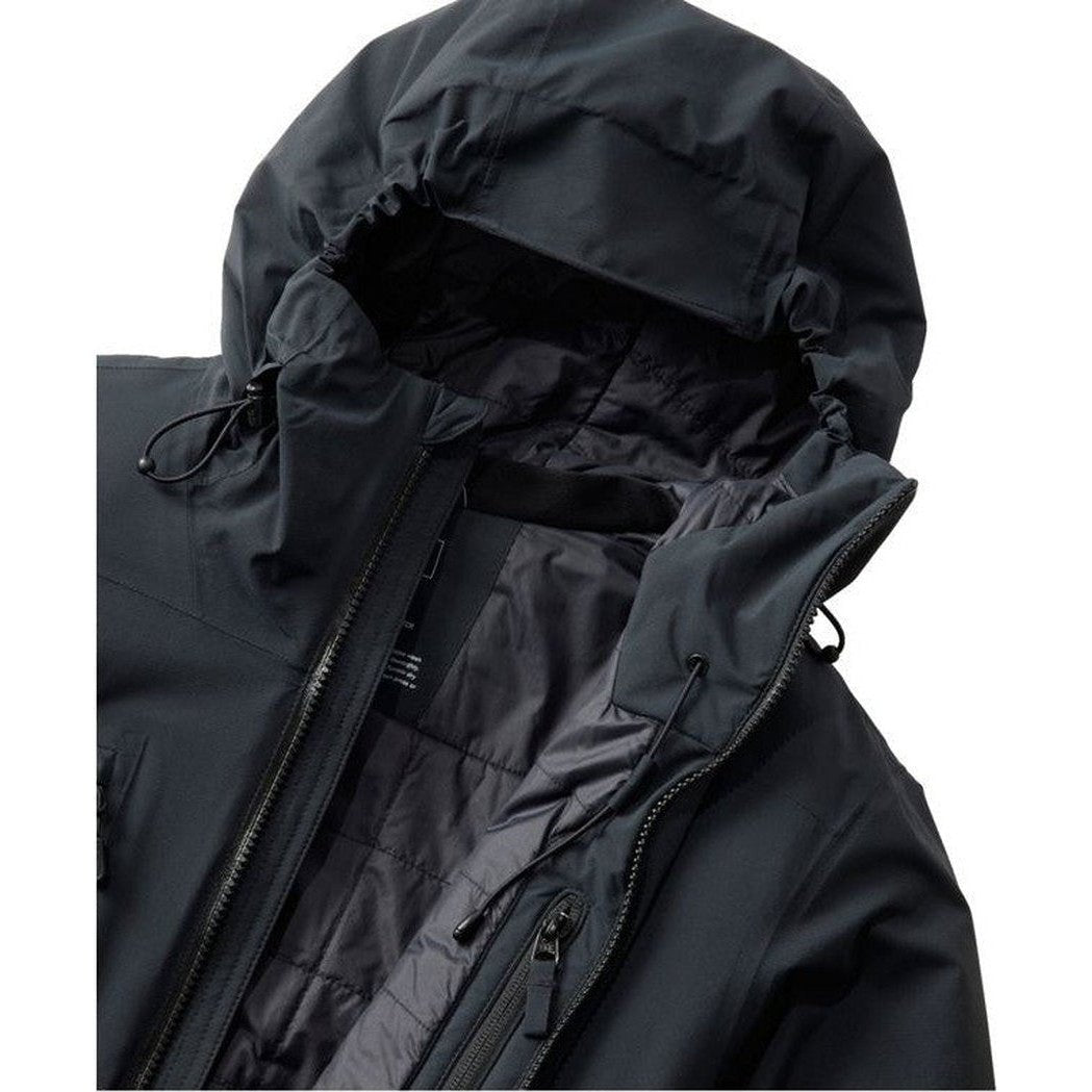 A close-up of the L.L.Bean Men's Waterproof Primaloft Packaway Jacket in Black, showing the hood and zipper details against a white background.