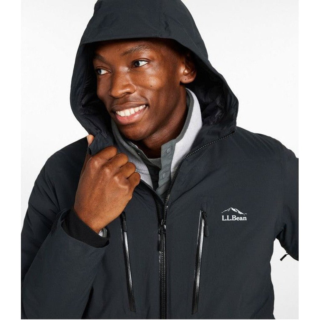 A front view of the L.L.Bean Men's Waterproof Primaloft Packaway Jacket in Black with the hood up against a white background.
