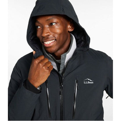 A front view of the L.L.Bean Men's Waterproof Primaloft Packaway Jacket in Black with the hood up against a white background.