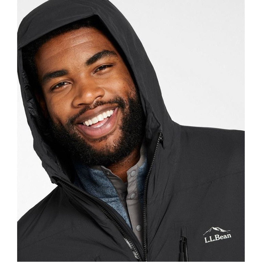 A front view of the L.L.Bean Men's Waterproof Primaloft Packaway Jacket in Black, showing the hood and logo on the chest.