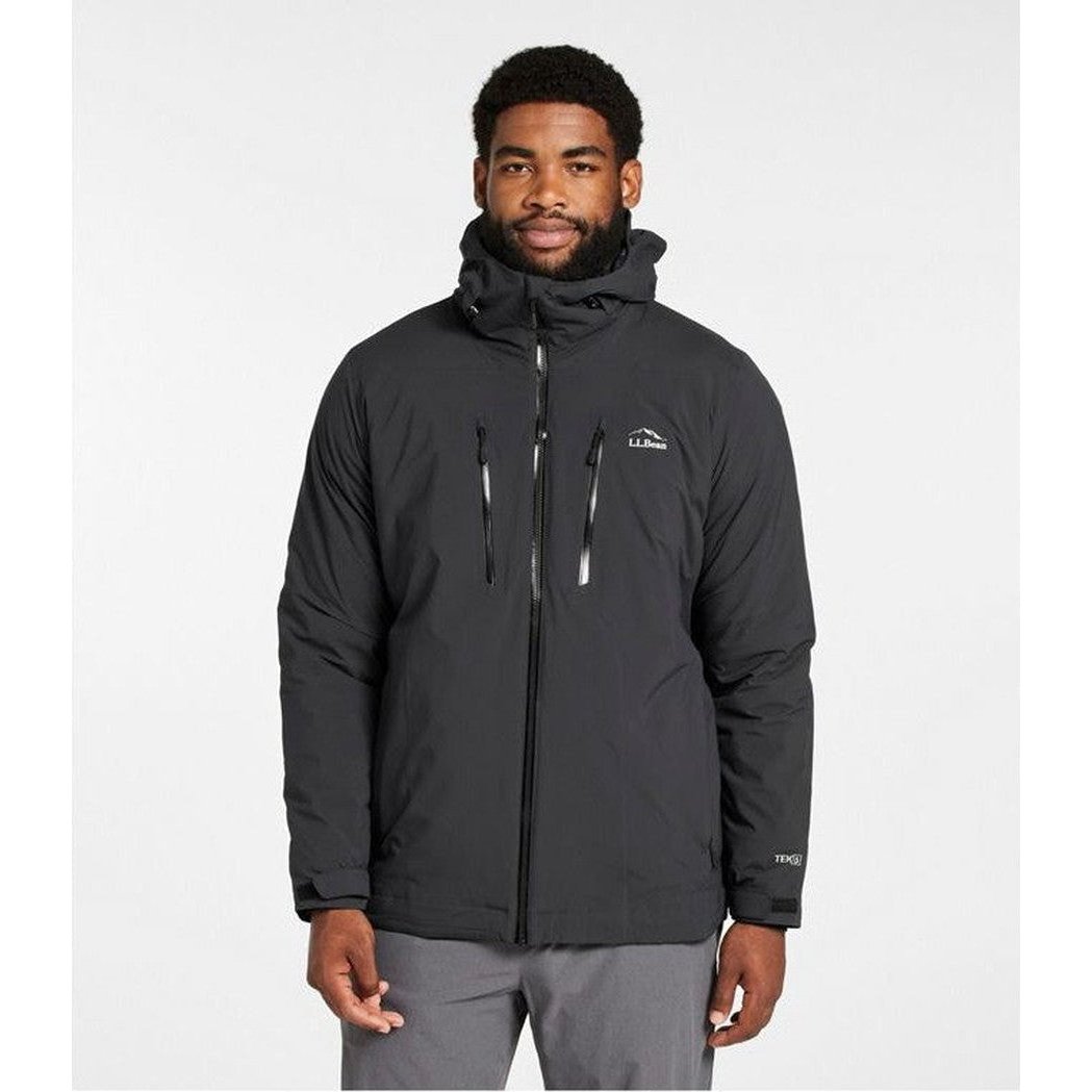 A front view of the L.L.Bean Men's Waterproof Primaloft Packaway Jacket in Black on a model against a white background.