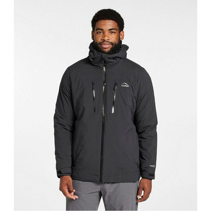 A front view of the L.L.Bean Men's Waterproof Primaloft Packaway Jacket in Black on a model against a white background.