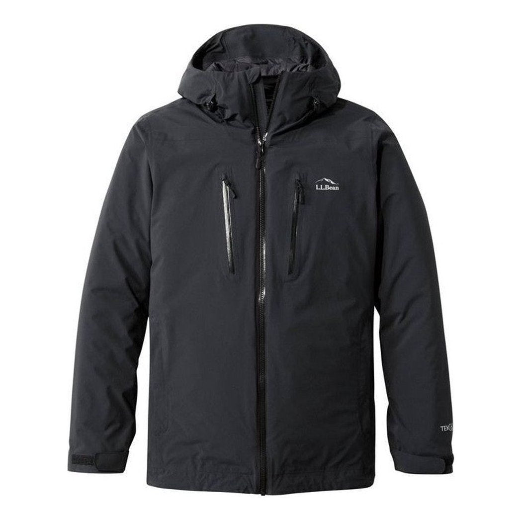 A front view of the L.L.Bean Men's Waterproof Primaloft Packaway Jacket in Black with a hood and zippered pockets against a white background.