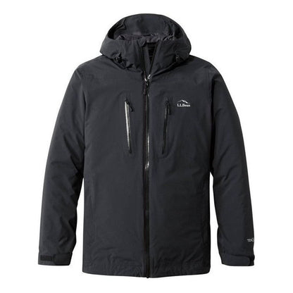 A front view of the L.L.Bean Men's Waterproof Primaloft Packaway Jacket in Black with a hood and zippered pockets against a white background.