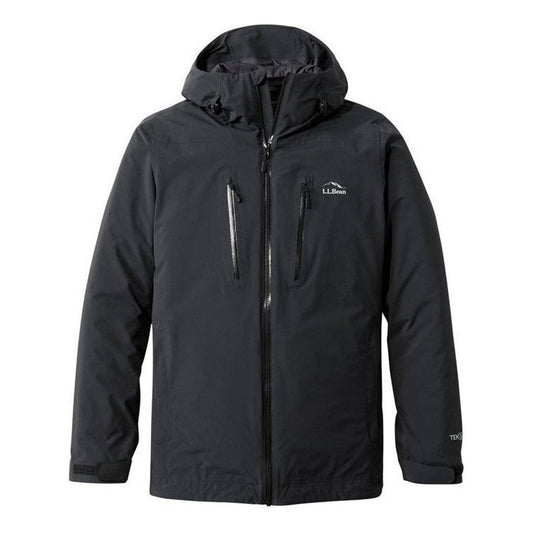 A front view of the L.L.Bean Men's Waterproof Primaloft Packaway Jacket in Black with a hood and zippered pockets against a white background.