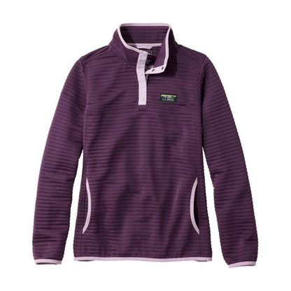 A front view of the L.L.Bean Women's Airlight Knit Pullover in Eggplant Heather with a white collar and pockets, against a white background.