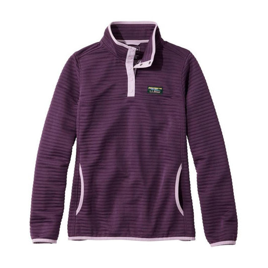 A front view of the L.L.Bean Women's Airlight Knit Pullover in Eggplant Heather with a white collar and pockets, against a white background.