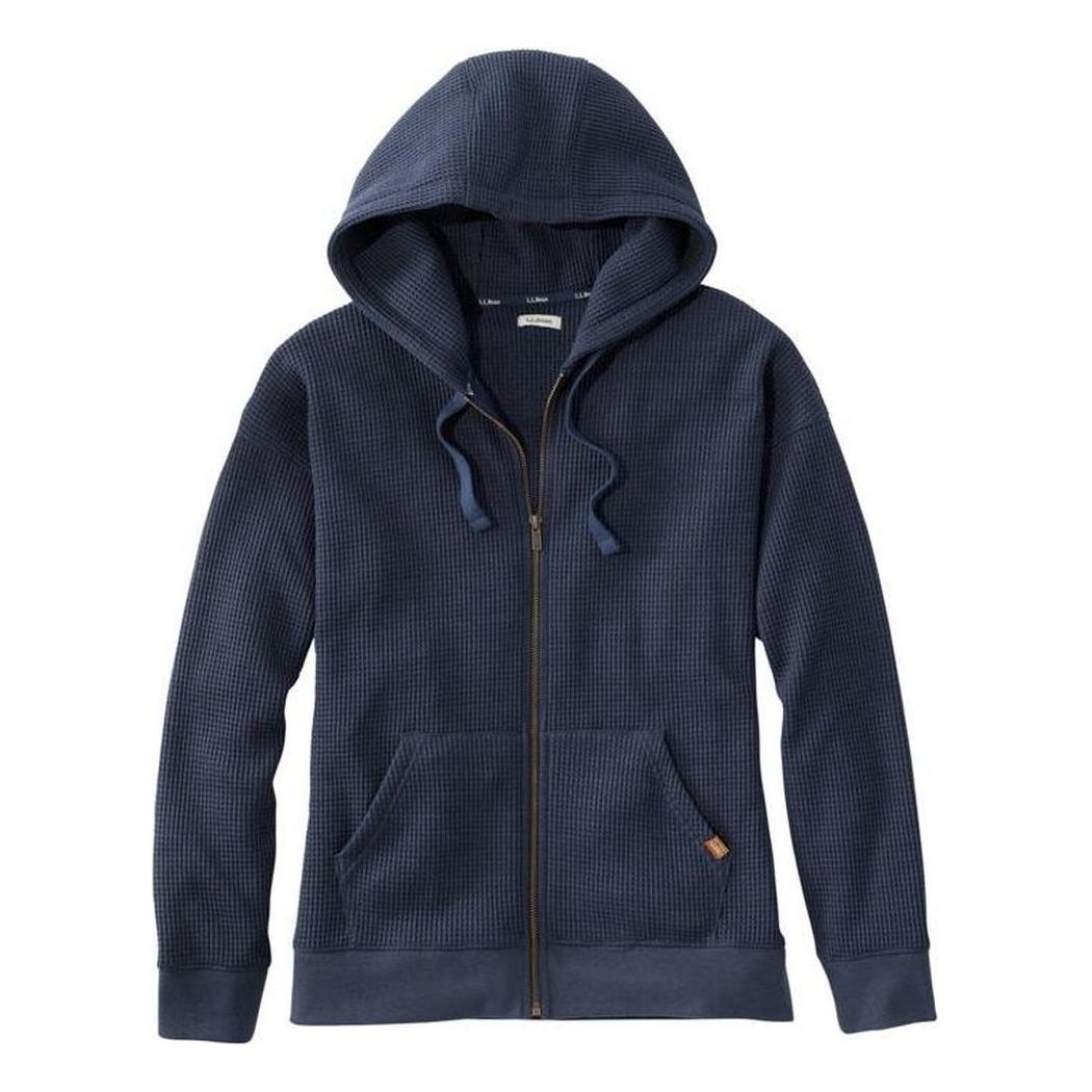 A front view of the L.L.Bean Women's Birchwood Brushed Waffle Full-Zip Hoodie in Carbon Navy with a zipper and hood against a white background.