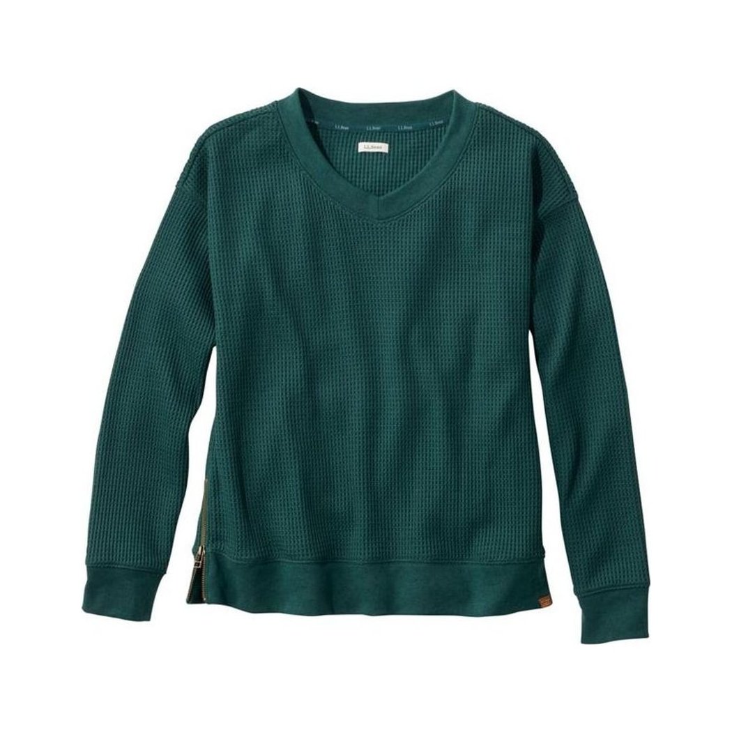 L.L.Bean Women's Birchwood Brushed Waffle V-Neck Top-Women's - Clothing - Tops-Deepest Green-S-Appalachian Outfitters