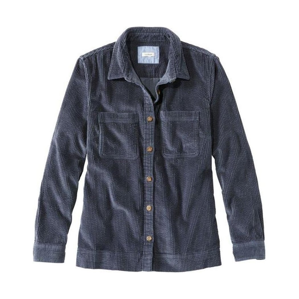 A front view of the L.L.Bean Women's Comfort Corduroy Relaxed Shirt Long Sleeve in Carbon Navy showing the button front and chest pockets against a white background.