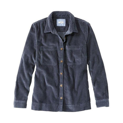 A front view of the L.L.Bean Women's Comfort Corduroy Relaxed Shirt Long Sleeve in Carbon Navy showing the button front and chest pockets against a white background.