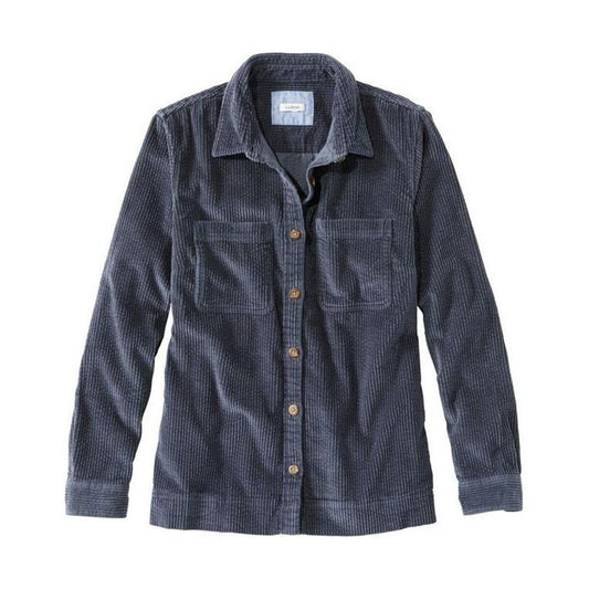 A front view of the L.L.Bean Women's Comfort Corduroy Relaxed Shirt Long Sleeve in Carbon Navy showing the button front and chest pockets against a white background.