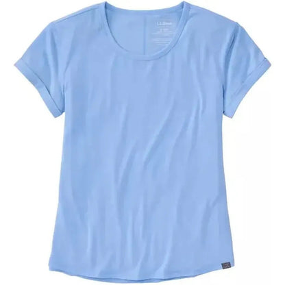 A front view of the L.L.Bean Women's Everyday SunSmart Lifestyle Tee, Short-Sleeve in Seaboard Blue with a small tag on the bottom right.