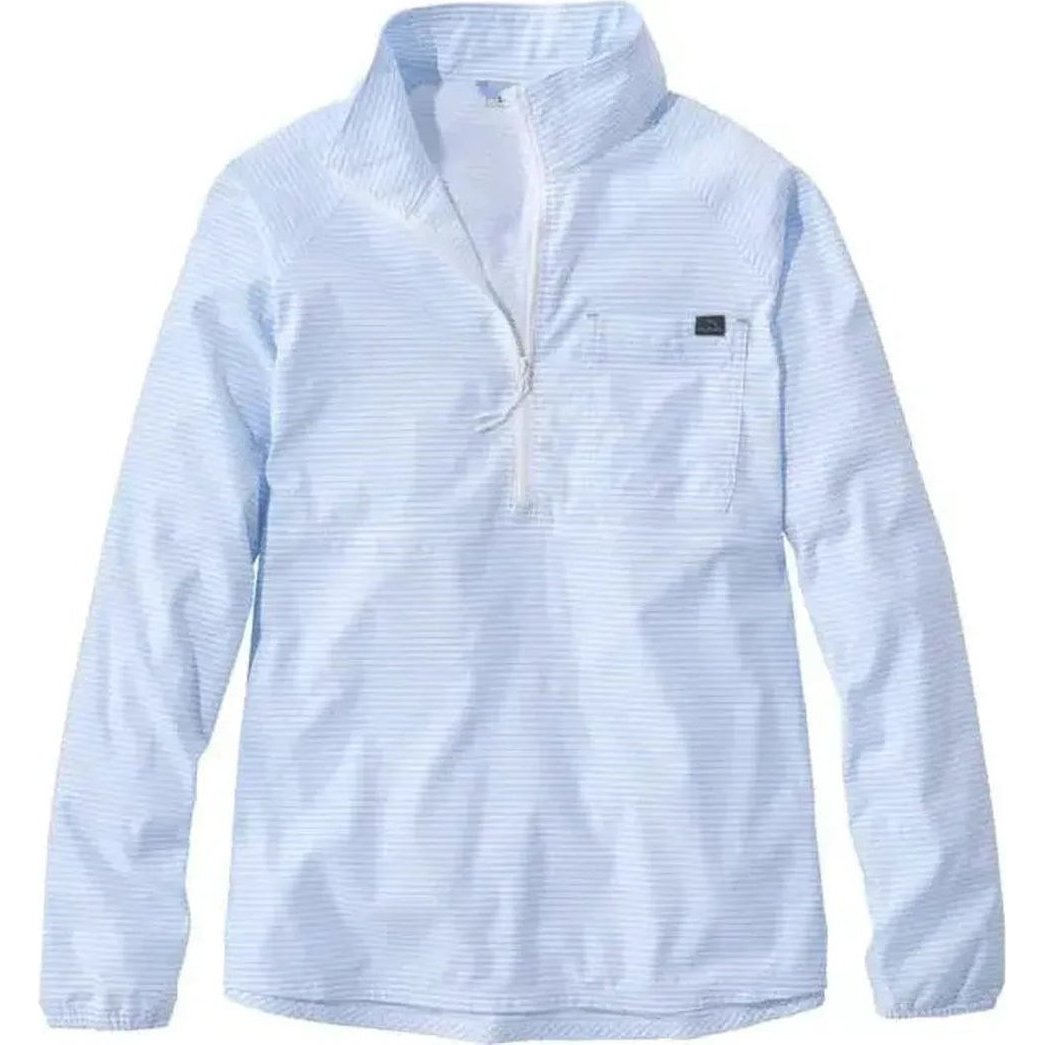 A front view of the L.L.Bean Women's Everyday SunSmart Woven Shirt, Quarter-Zip Pullover in Lake Stripe showing the quarter-zip and chest pocket against a white background.