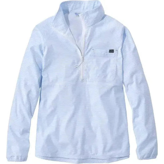 A front view of the L.L.Bean Women's Everyday SunSmart Woven Shirt, Quarter-Zip Pullover in Lake Stripe showing the quarter-zip and chest pocket against a white background.