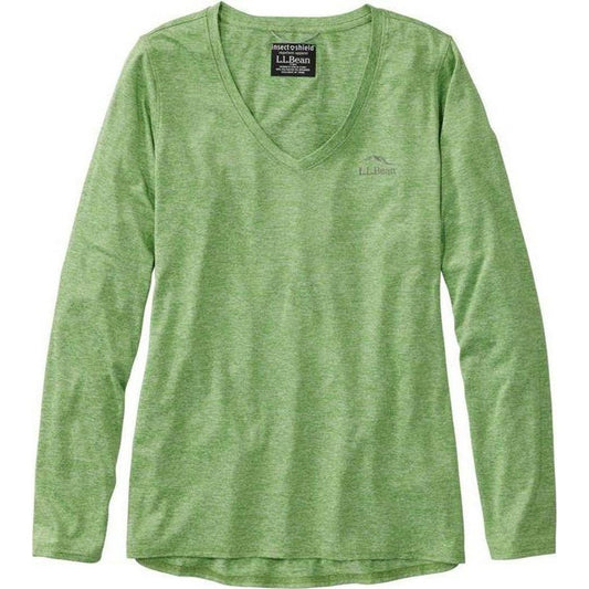 A front view of the L.L.Bean Women's Insect Shield Pro Knit Crew in Dark Lichen showing the V-neck and long sleeves against a white background.