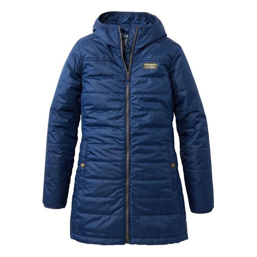 A front view of the L.L.Bean Women's Mountain Classic Puffer Coat in Nautical Navy with a hood and front zipper against a white background.