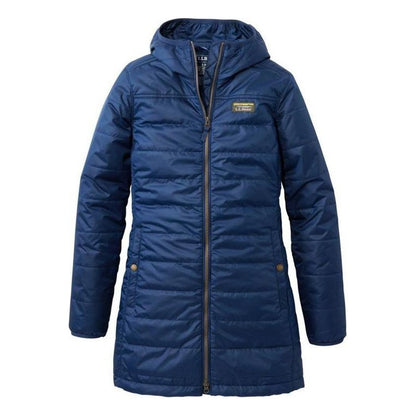 A front view of the L.L.Bean Women's Mountain Classic Puffer Coat in Nautical Navy with a hood and front zipper against a white background.
