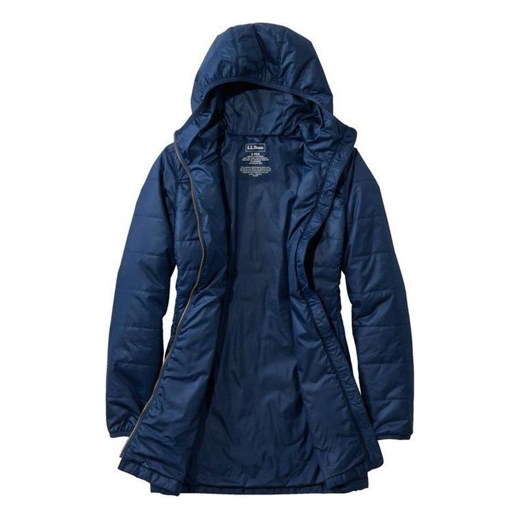 Back view of the L.L.Bean Women's Mountain Classic Puffer Coat in Nautical Navy with a hood and zipper, against a white background.