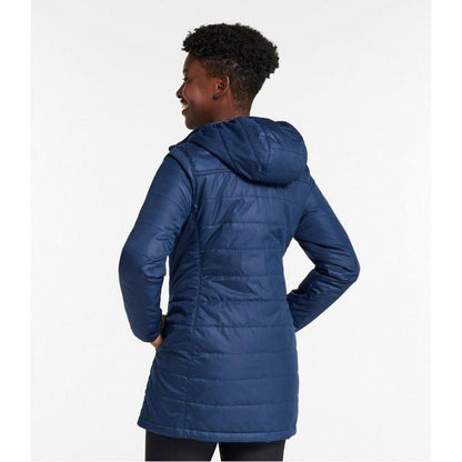 Back view of the L.L.Bean Women's Mountain Classic Puffer Coat in Nautical Navy on a model against a white background.