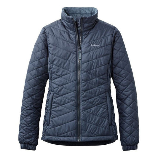 A front view of the L.L.Bean Women's Regular Fleece Lined Primaloft Jacket in Carbon Navy with a high collar and zippered front.