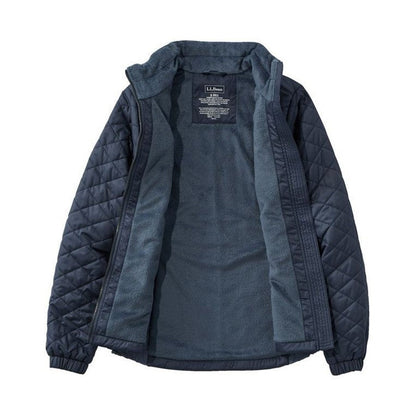 Back view of the L.L.Bean Women's Regular Fleece Lined Primaloft Jacket in Carbon Navy showing the quilted sleeves and inner fleece lining against a white background.