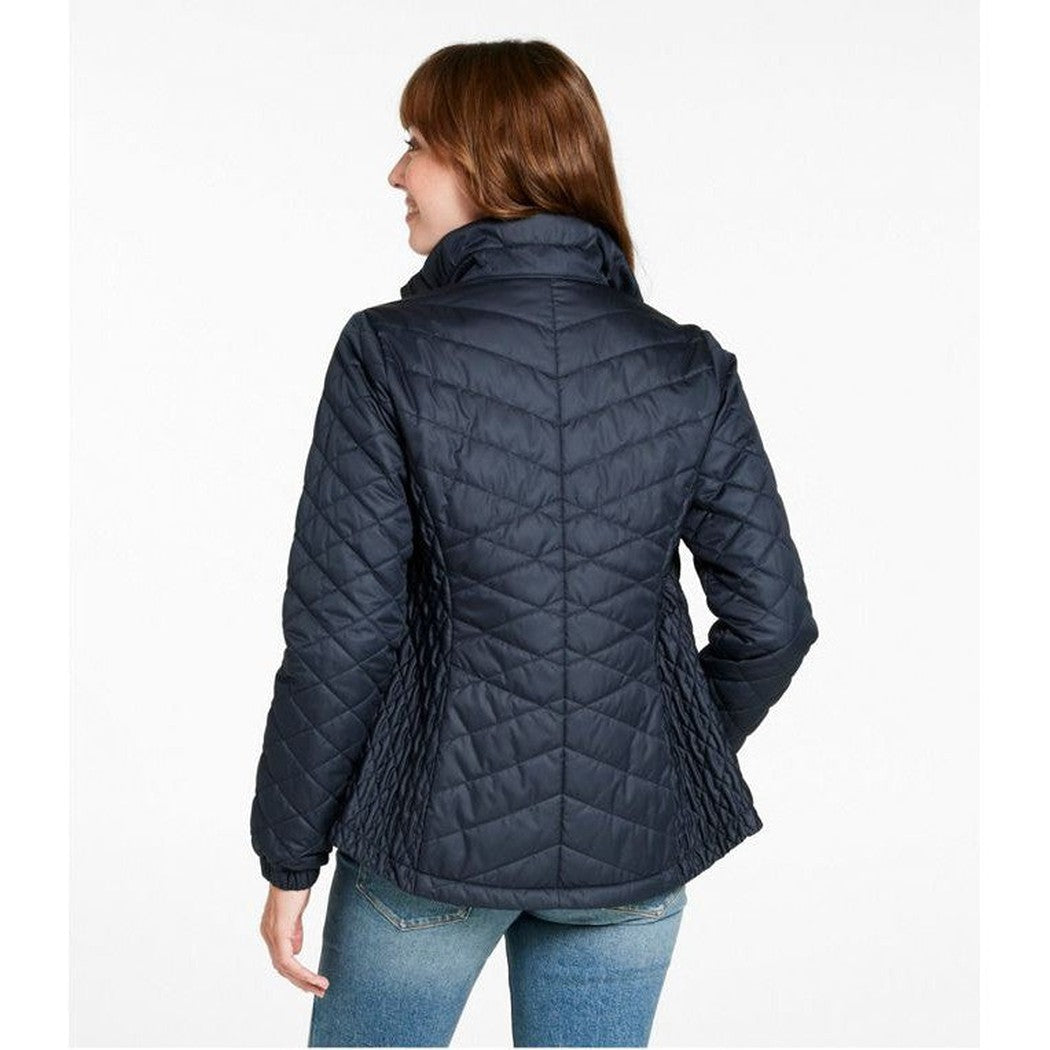 Back view of the L.L.Bean Women's Regular Fleece Lined Primaloft Jacket in Carbon Navy on a model wearing blue jeans against a white background.