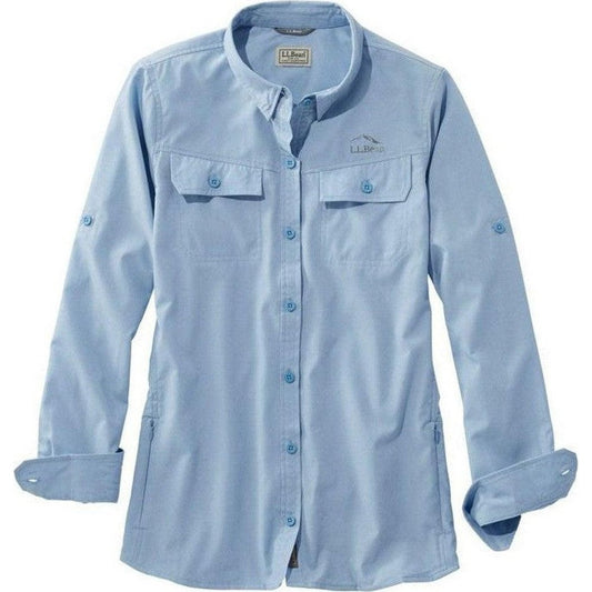 A front view of the L.L.Bean Women's Regular No Fly Zone Shirt Long-Sleeve in Blue Aster showing the buttoned front and chest pockets against a white background.