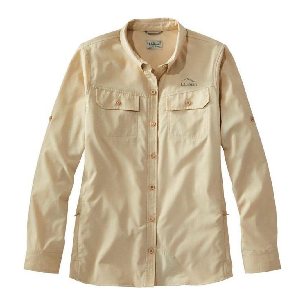A front view of the L.L.Bean Women's Regular No Fly Zone Shirt Long-Sleeve in Blue Aster showing the chest pockets and button front against a white background.