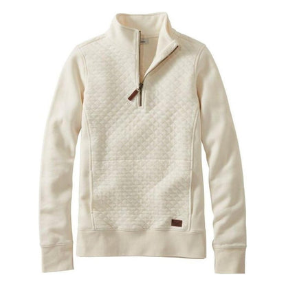A front view of the L.L.Bean Women's Regular Quilted Sweatshirt 1/4 Zip Pullover Long Sleeve in Cream showing the half-zip and quilted chest panel against a white background.