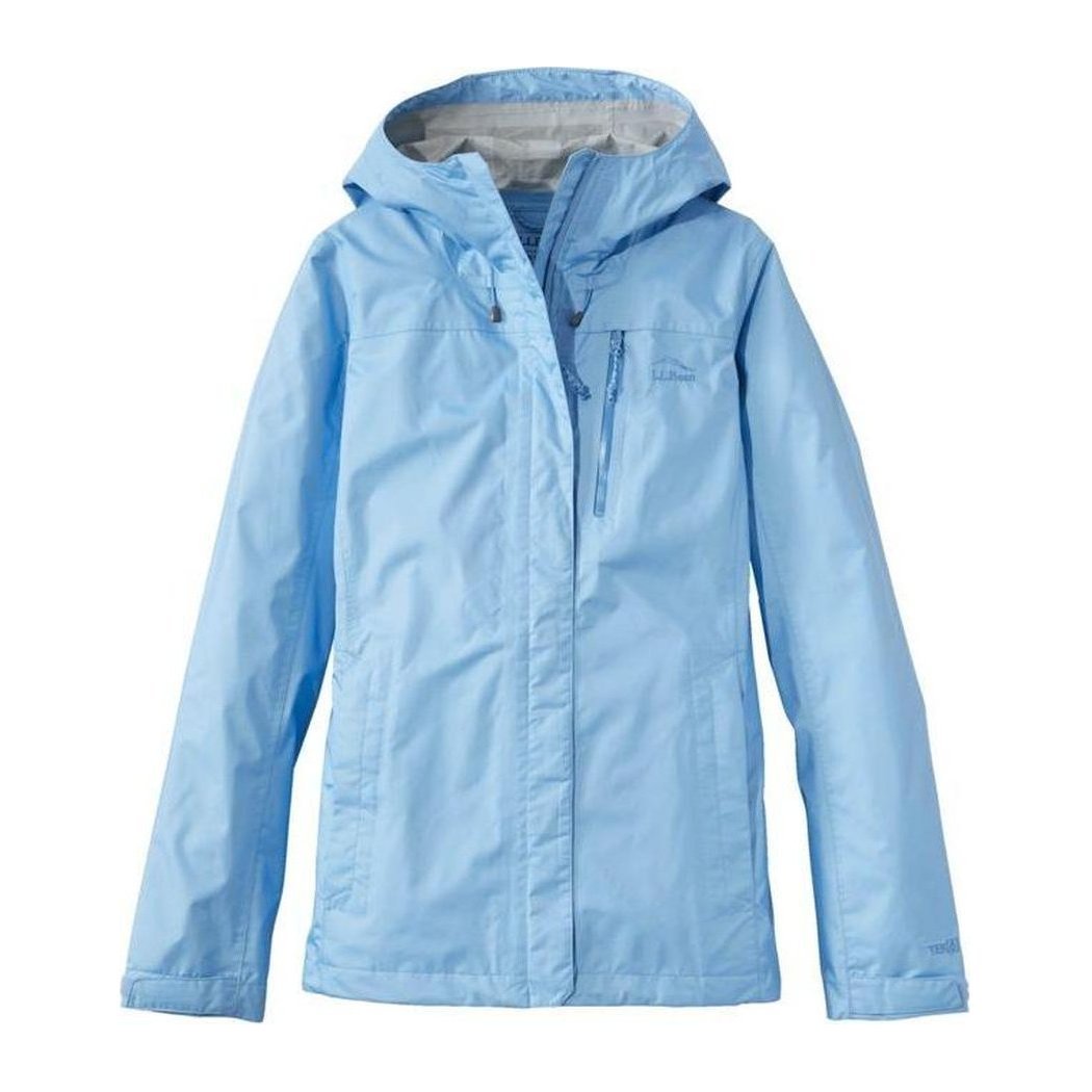 A front view of the L.L.Bean Women's Regular Trail Model Rain Jacket in Lake color with a hood and chest pocket against a white background.