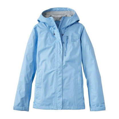 A front view of the L.L.Bean Women's Regular Trail Model Rain Jacket in Lake color with a hood and chest pocket against a white background.