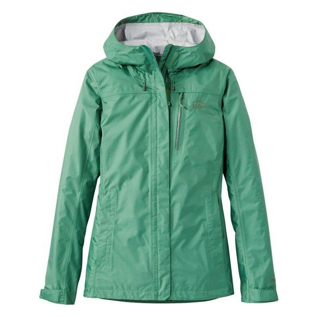 A front view of the L.L.Bean Women's Regular Trail Model Rain Jacket in Lake color with a hood and zippered pocket, against a white background.
