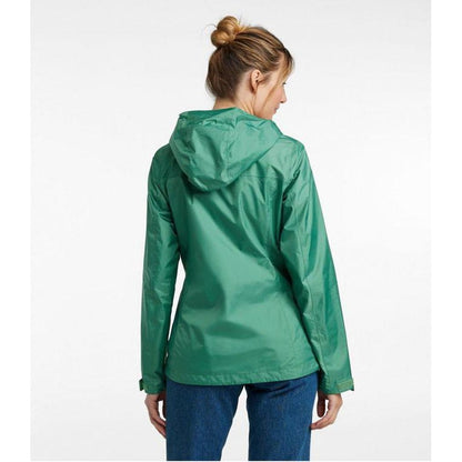 Back view of the L.L.Bean Women's Regular Trail Model Rain Jacket in Lake showing the hood and a model wearing it against a white background.