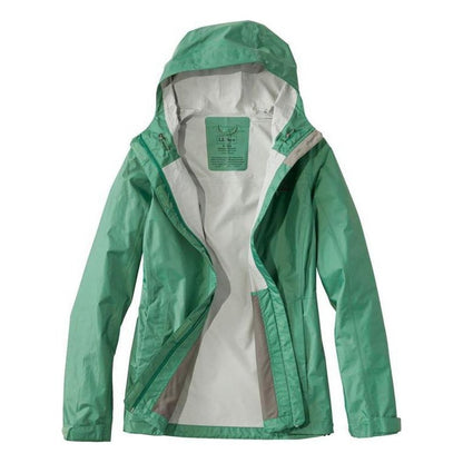 A front view of the L.L.Bean Women's Regular Trail Model Rain Jacket in Lake showing the hood and zipper against a white background.