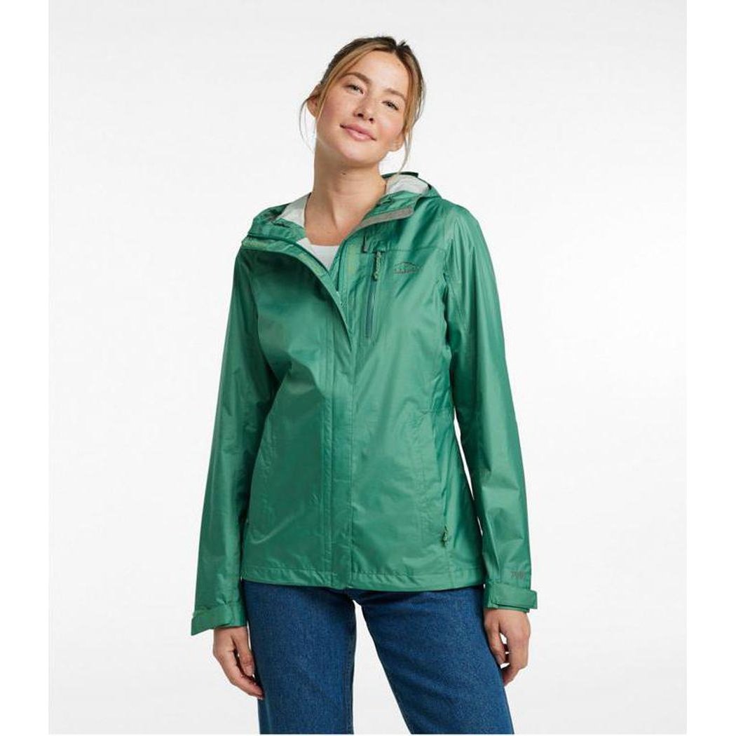 A front view of the L.L.Bean Women's Regular Trail Model Rain Jacket in Lake, showing the hood and pockets on a model against a white background.