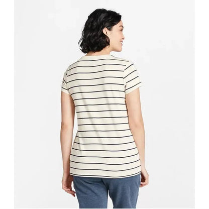 Back view of the L.L.Bean Women's Soft Stretch Supima-Blend Tee, Crewneck Short-Sleeve Striped in Sailcloth/Classic Navy on a model against a white background.
