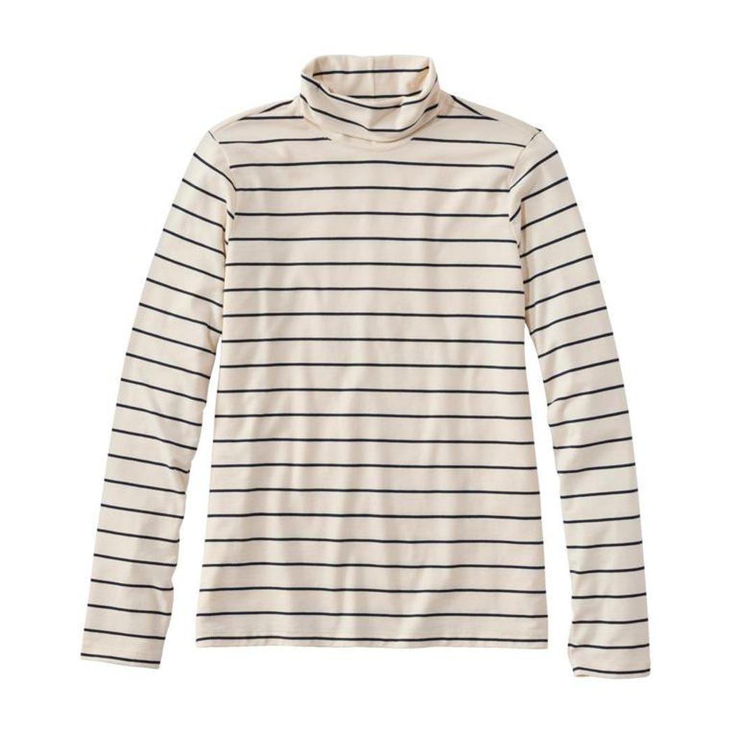 A front view of the L.L.Bean Women's Soft Stretch Supima-Blend Turtleneck Stripe Tee in Sailcloth/Classic Navy against a white background.
