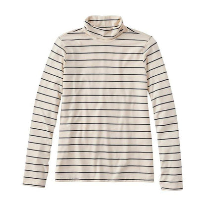 A front view of the L.L.Bean Women's Soft Stretch Supima-Blend Turtleneck Stripe Tee in Sailcloth/Classic Navy against a white background.
