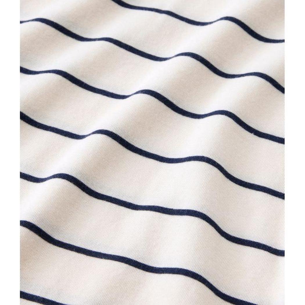 The L.L.Bean Women's Soft Stretch Supima-Blend Turtleneck Stripe Tee in Sailcloth/Classic Navy shows the navy stripes on a white fabric with a slight wrinkle.