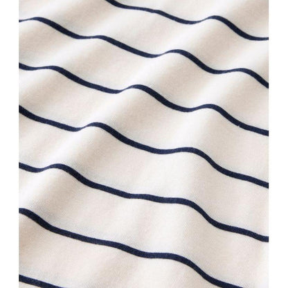 The L.L.Bean Women's Soft Stretch Supima-Blend Turtleneck Stripe Tee in Sailcloth/Classic Navy shows the navy stripes on a white fabric with a slight wrinkle.