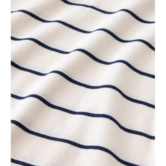 The L.L.Bean Women's Soft Stretch Supima-Blend Turtleneck Stripe Tee in Sailcloth/Classic Navy shows the navy stripes on a white fabric with a slight wrinkle.