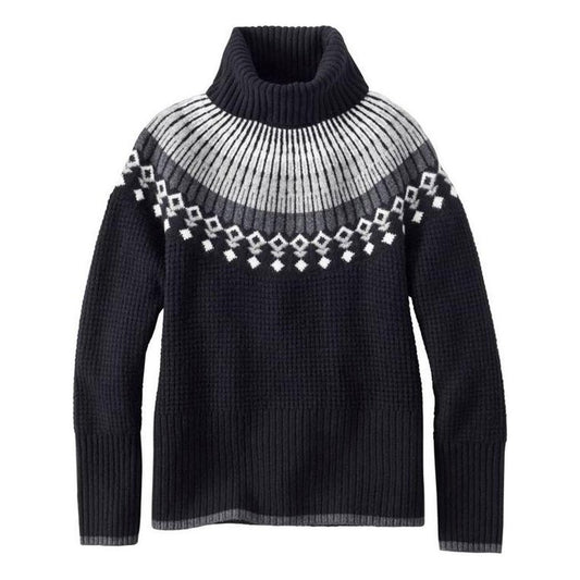 A front view of the L.L.Bean Women's SuperSoft Waffle Turtleneck Fair Isle Sweater in Black Fair Isle against a white background.