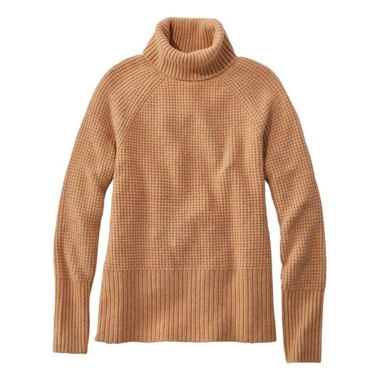 A front view of the L.L.Bean Women's SuperSoft Waffle Turtleneck Sweater in HoneyBrownHeath against a white background.