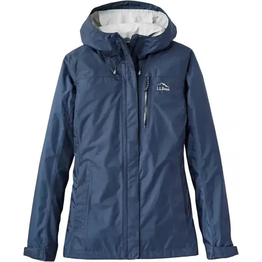 Nautical Navy L.L.Bean Women's Trail Model Rain Jacket with hood and front zipper pocket shown from front against white background.