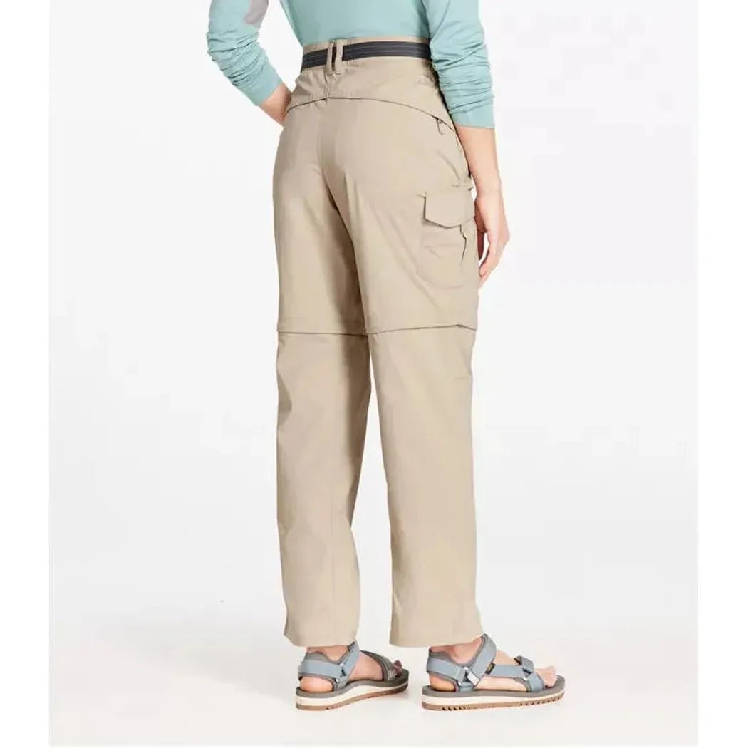 Back view of the L.L.Bean Women's Tropicwear Zip-Off Pants, Mid-Rise in Soft Sand showing the cargo pocket and zip-off feature against a white background.